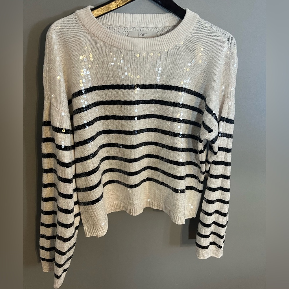 LOFT Sweater White Cotton Knit with Black Stripes & Sequin Crew Neck Pullover